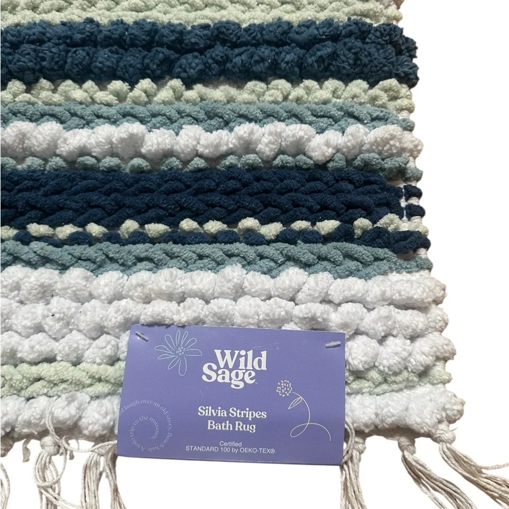 NWT Wild Sage Silvia Stripes Handloomed Blue and White Textured Bath Mat